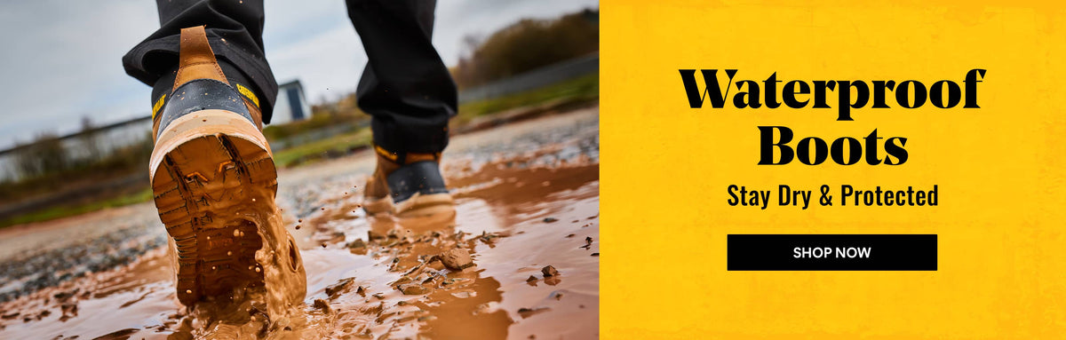 Advertisement showing muddy Caterpillar waterproof boots beside the text “Waterproof Boots—Stay Dry & Protected” and a “SHOP NOW” button. Click to shop now.