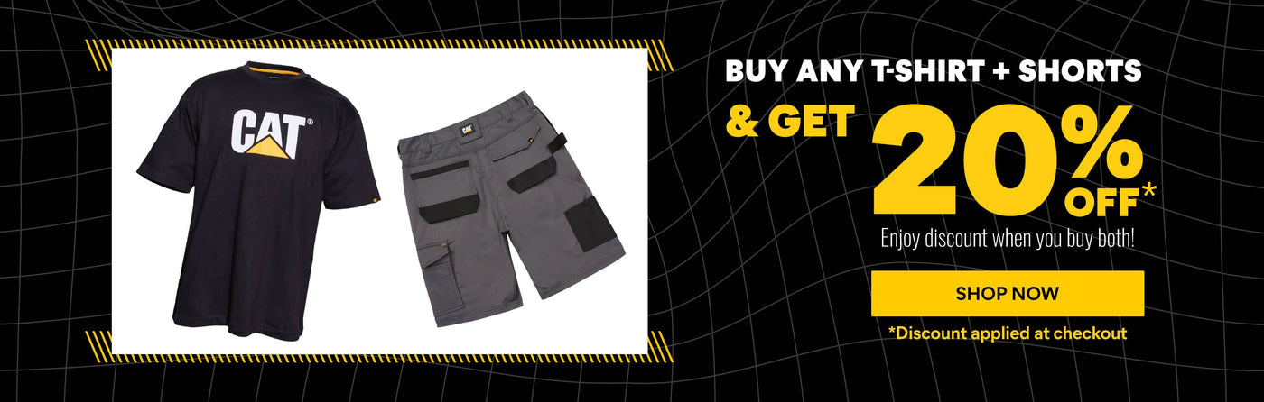 Caterpillar footwear promotion: "Buy Any T-Shirt + Shorts & Get 20% Off* Enjoy discount when you buy both! SHOP NOW". Features a black T-shirt with "CAT" logo and gray shorts with pockets. Click to shop.