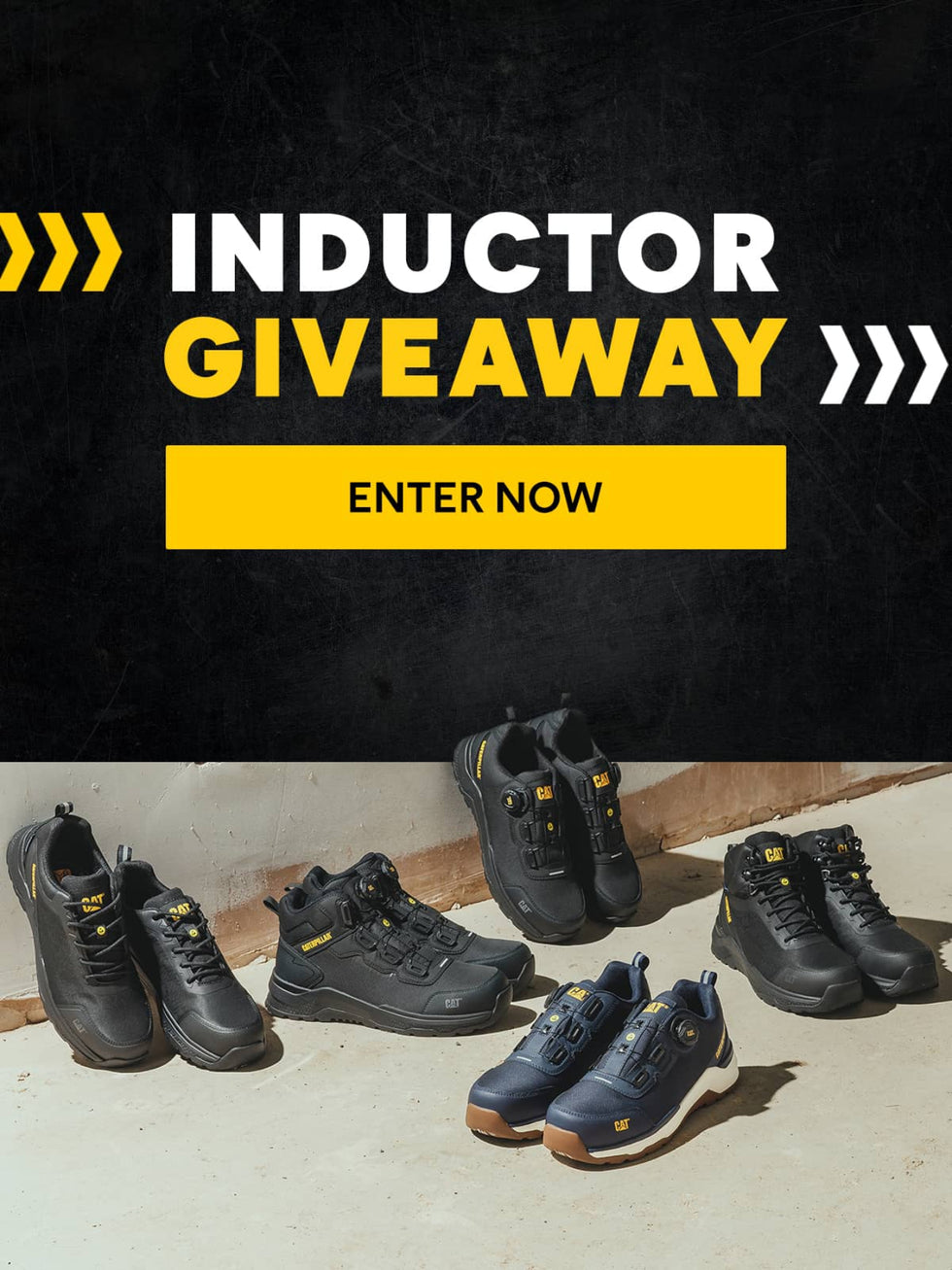 Collection of five pairs of Caterpillar Inductor safety footwears on a concrete surface, featuring black and navy shoes with yellow accents. Text on the side reads "INDUCTOR GIVEAWAY" with a button saying "ENTER NOW."
