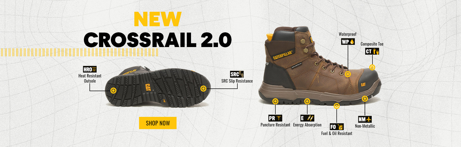 Images of a Caterpillar Crossrail Safety Boot in side profile and outsole, with technical features around the outside