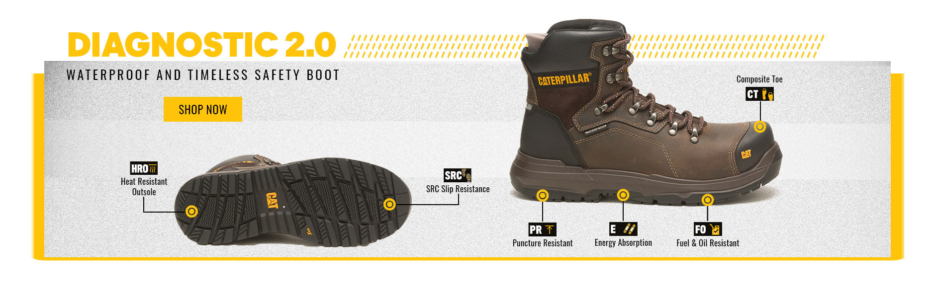 Images of a Caterpillar Diagnostic 2.0 Safety Boot in side profile and outsole, with technical features around the outside