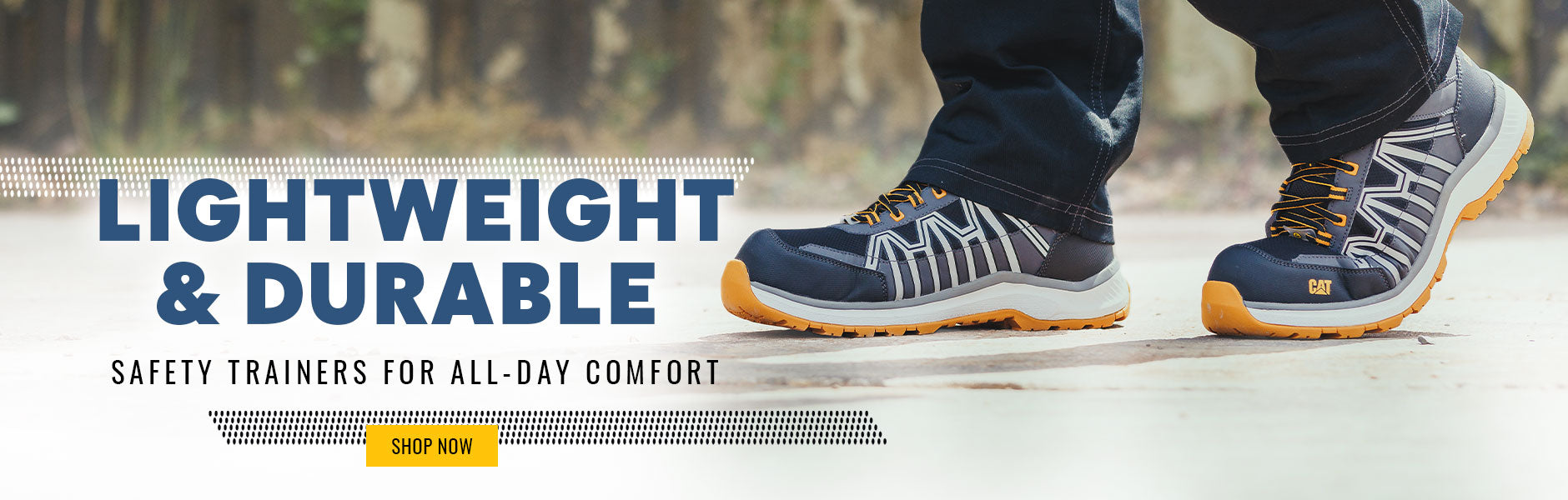 LIGHTWEIGHT & DURABLE. SAFETY TRAINERS FOR ALL DAY COMFORT. SHOP NOW. Image of a person wearing a pair of orange/black Caterpillar Charge Trainers 